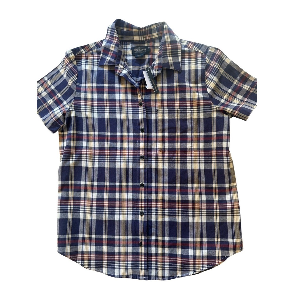 Pendleton Short Sleeve Plaid Button Up Shirt Navy Red Yellow Womens Medium